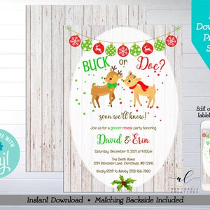 Christmas Buck or Doe Gender Reveal Printable Invitation, Edit Yourself Holiday Deer Gender Reveal Invite, Buck or Doe, Instant Download