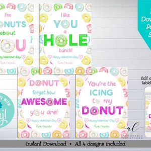 Donut Valentine Printable Cards, Editable Donut Valentines, Instant Download Donut Valentine&#39;s Day, Kids Valentine Card, Girl Valentines