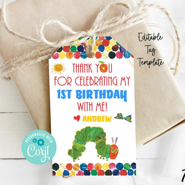 Very Hungry Caterpillar Printable Tags, Edit Yourself Hungry Caterpillar Favor Tags, Instant Download Caterpillar Tag, Caterpillar Party