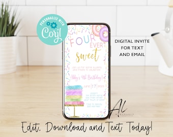 Four-ever Sweet Electronic Invitation, Editable Girl 4th Birthday Text Invite, Text Message Rainbow Sprinkle Invite, Fourever Party, Evite