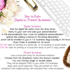 May include: How to order digital or printed invitations.  Instructions for ordering digital or printed invitations with options for JPG or PDF files.  Printed invitations are shipped free within 3-5 business days upon proof approval.