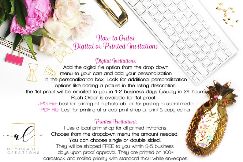 May include: How to order digital or printed invitations.  Instructions for ordering digital or printed invitations with options for JPG or PDF files.  Printed invitations are shipped free within 3-5 business days upon proof approval.