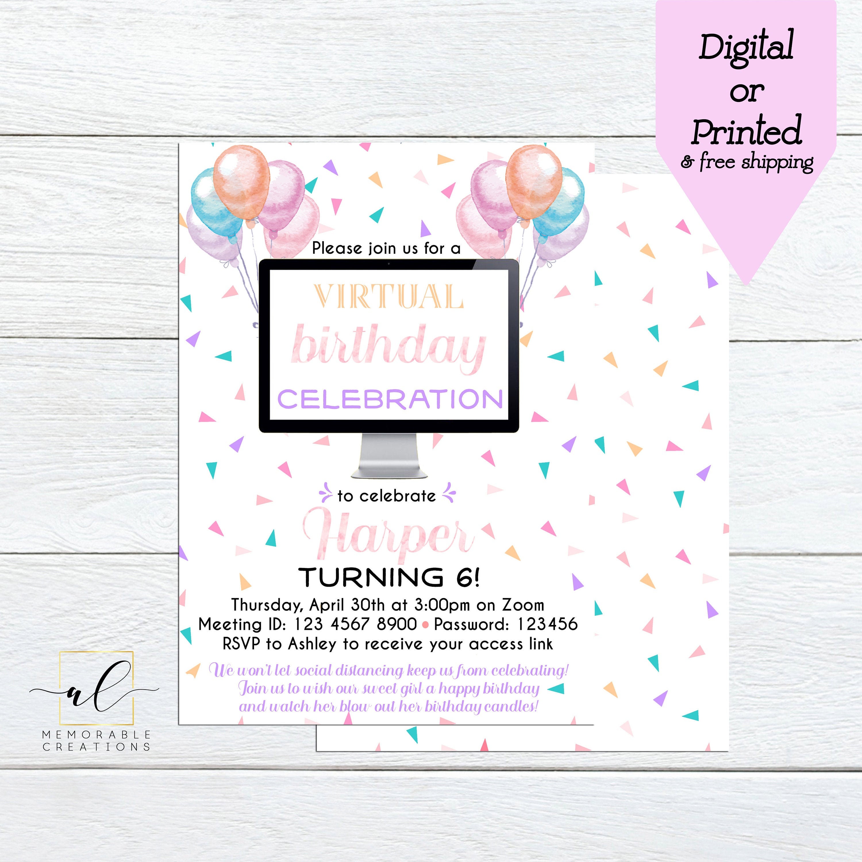 Girl Virtual Birthday Invitation Virtual Birthday Party Etsy