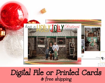 Holly Jolly Photo Christmas Card, Multiple Photo Christmas Card, Watercolor Christmas Card, Christmas Card with Photo, Holiday Card