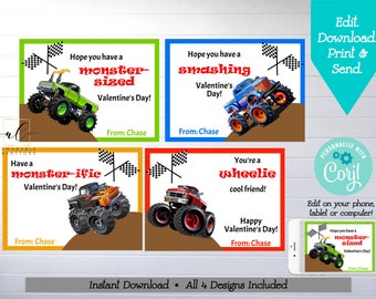 Monster Truck Valentine Printable Cards, Editable Monster Truck Valentine, Instant Download Truck Valentines, School Valentine Card