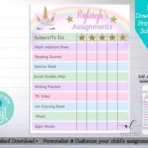May include: Printable daily schedule for a child's assignments, featuring a unicorn with a rainbow and gold stars. The schedule includes a list of subjects such as math, reading, science, social studies, writing, PE, art, music, and sight words. The days of the week are listed across the top: Monday, Tuesday, Wednesday, Thursday, and Friday.