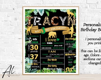 May include: A green, black, and gold printable birthday board with jungle animal illustrations and the text "TRACYN MY 3RD BIRTHDAY". The board includes details like age, weight, height, favorite activities, favorite foods, and nicknames.
