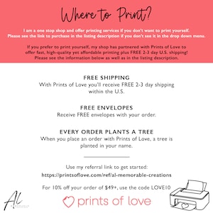 May include: Pink and white graphic with the text "Where to Print?" and "Prints of Love" with a printer icon. The graphic includes information about free shipping, free envelopes, and a tree planting program.
