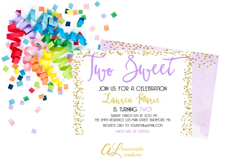 May include: Purple and gold birthday invitation with the text "Two Sweet" and "Lauren Marie is turning Two!"  The invitation has a confetti design and a watercolor background.