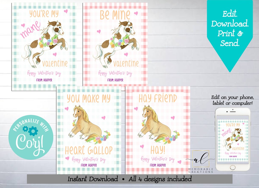 Horse Valentine Printable Cards, Editable Pony Valentines, Instant ...