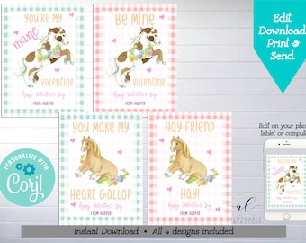 Horse Valentine Printable Cards, Editable Pony Valentines, Instant Download Horse Valentine's Day Cards, Girl Valentines, Kids Valentines