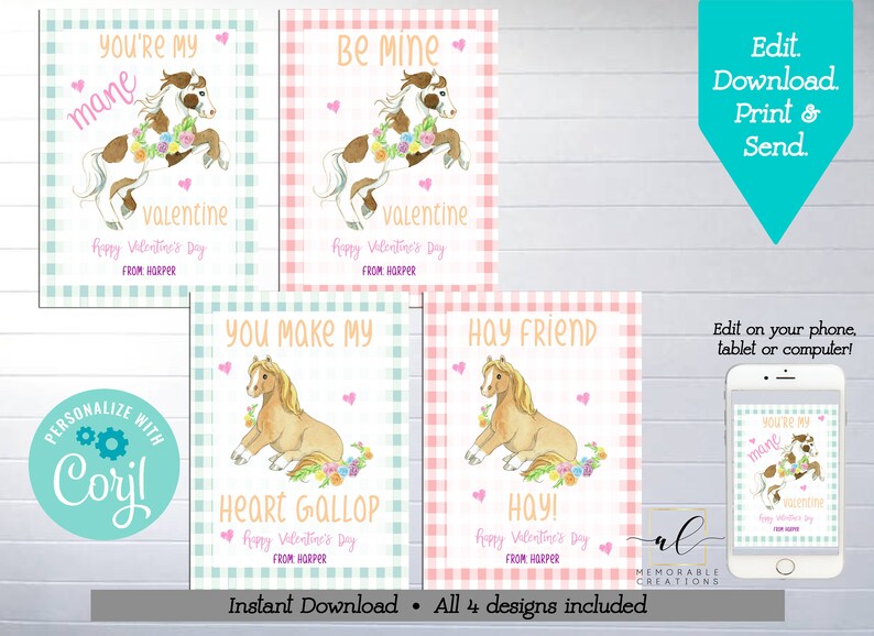 Horse Valentine Printable Cards Editable Pony Valentines - Etsy