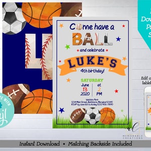 Sports Birthday Printable Invitation, Edit Yourself Sports Birthday Invite, Instant Download Sports Invite, Sports Invitation Template