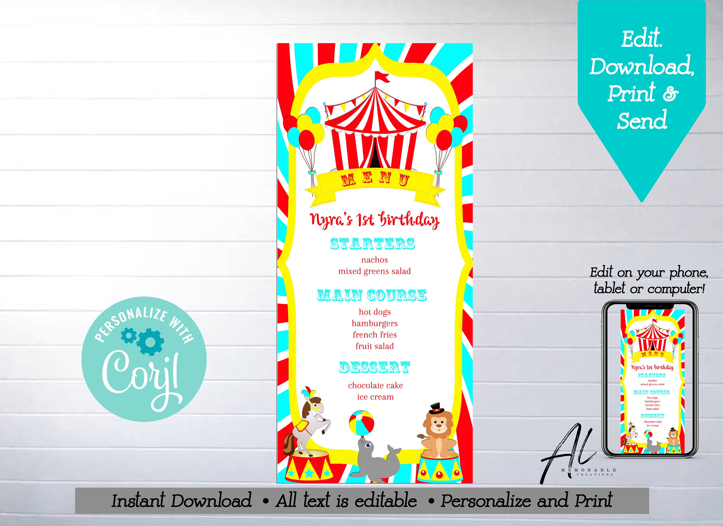 Circus Printable Menu, Editable Circus Menu Template, Instant Download ...