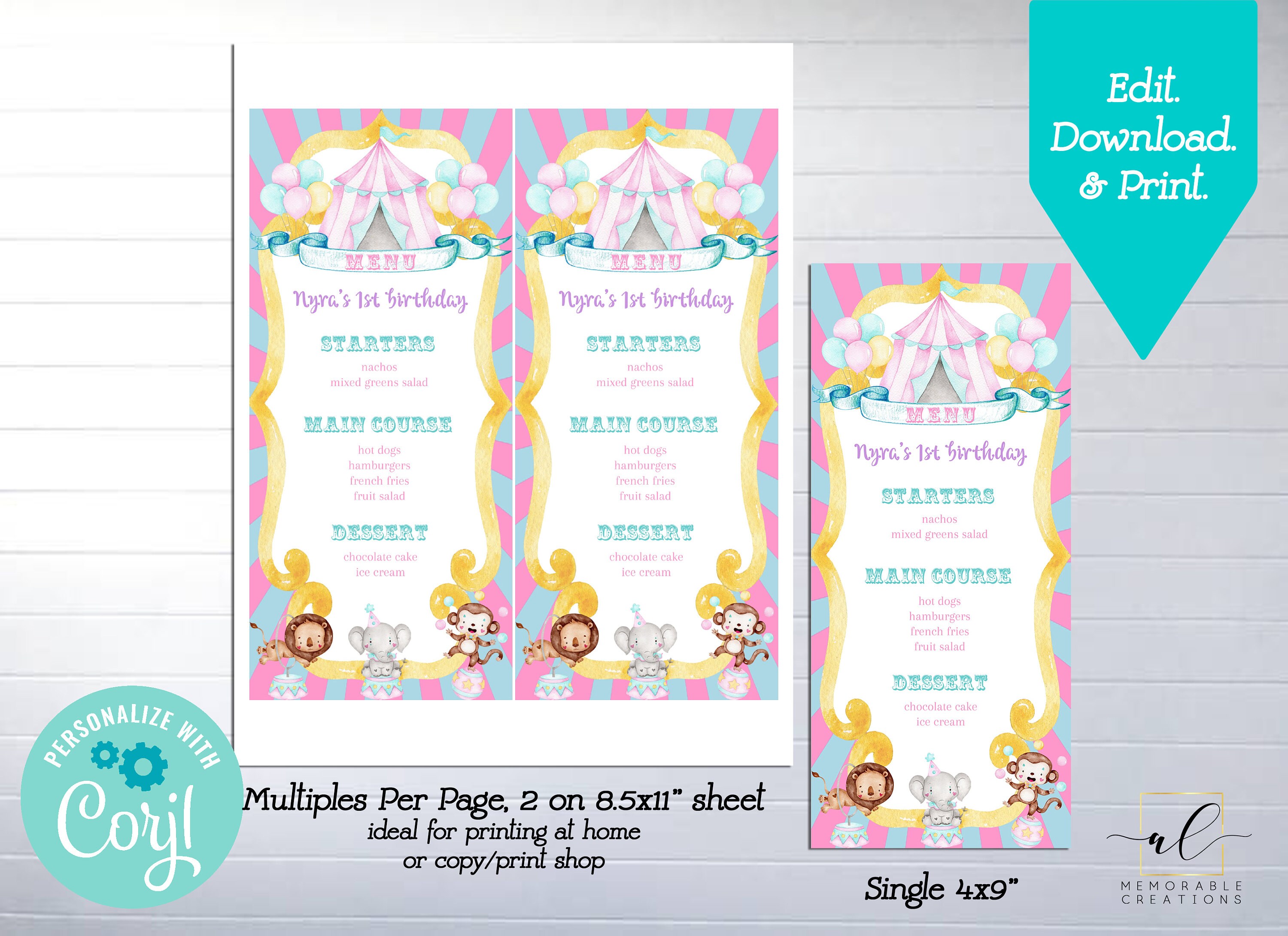 Circus Printable Menu, Editable Circus Menu Template, Instant Download ...