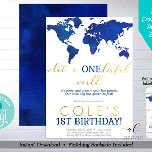 What a Onederful World Birthday Printable Invitation, Edit Yourself Watercolor Map Birthday Invite, Instant Download Boy First Birthday