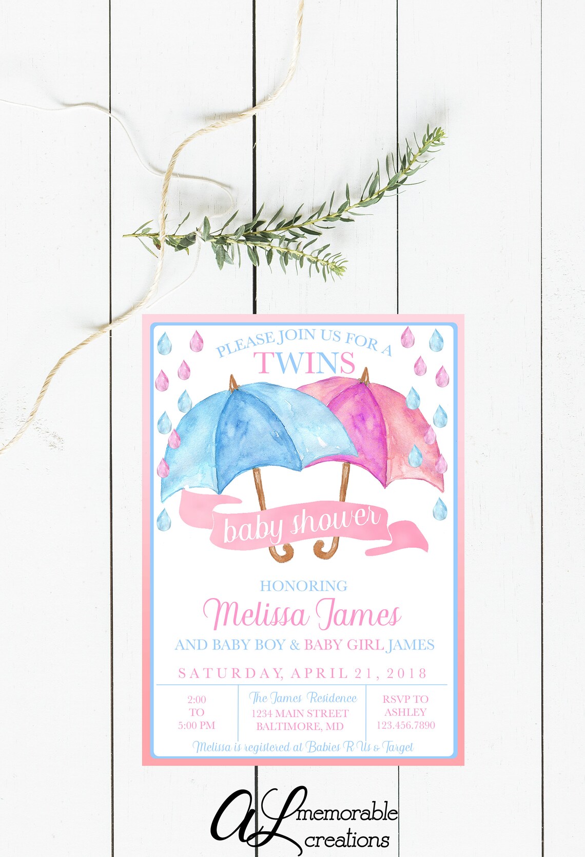 Twins Baby Shower Invitation Umbrella Baby Shower Invitation Etsy