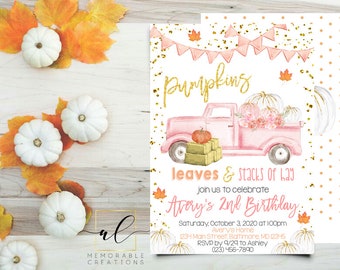 May include: Pink and gold birthday invitation with a watercolor illustration of a pink truck carrying pumpkins, leaves, and hay. The text reads "Pumpkins, leaves & stacks of hay, join us to celebrate Avery's 2nd Birthday, Saturday, October 3, 2020 at 100pm, Avery's Home, 1234 Main Street, Baltimore, MD 12345, RSVP by 9/29 to Ashley (23) 456-7890".