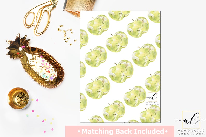May include: A digital printable design featuring a repeating pattern of green apples on a white background. The text "MEMORABLE CREATIONS" is visible in the bottom right corner of the design.