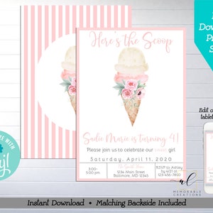 Ice Cream Birthday Printable Invitation, Edit Yourself Here&#39;s the Scoop Birthday Invitation, Instant Download Floral Ice Cream Invite, Corjl
