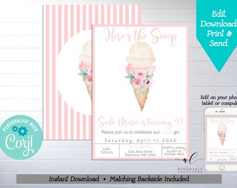 Ice Cream Birthday Printable Invitation, Edit Yourself Here's the Scoop Birthday Invitation, Instant Download Floral Ice Cream Invite, Corjl