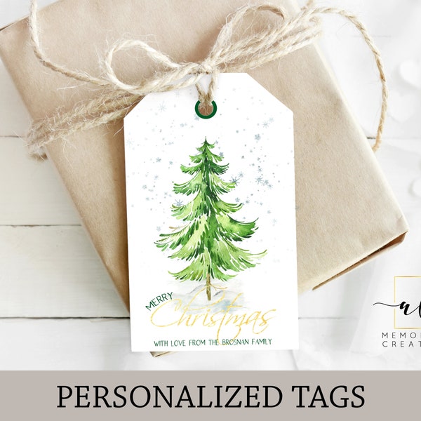 Personalized Christmas Tree Tags, Rustic Christmas Tree Gift Tags, Snow Pine Tree Tags, Merry Christmas Tag, Holiday Tags, Printable Tags