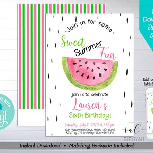 Watermelon Birthday Printable Invitation, Edit Yourself Watermelon Invite, Summer Birthday Invitation, Watermelon Party, Instant Download