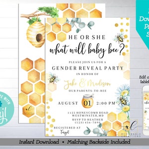 Honey Bee Gender Reveal Party Printable Invitation, Edit Yourself Bee Invitation, Gender Neutral, What Will Baby Bee, Instant Download