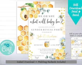 Honey Bee Gender Reveal Party Printable Invitation, Edit Yourself Bee Invitation, Gender Neutral, What Will Baby Bee, Instant Download