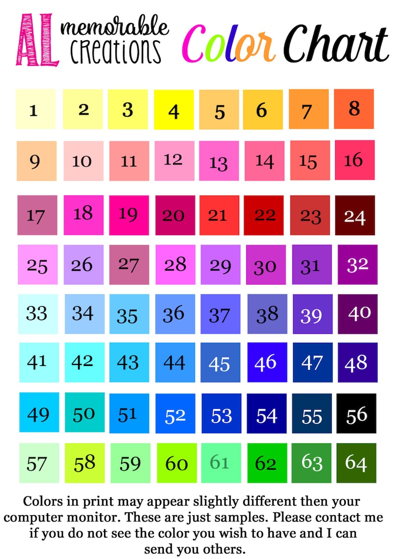 May include: Color chart with 64 different colors, numbered 1 to 64. The colors are arranged in rows of eight, with each row containing a different shade of color. The colors range from light yellow to dark green.