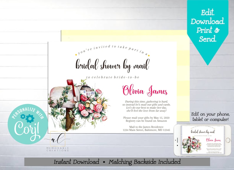 Bridal Shower by Mail Printable Invitation Edit Yourself Etsy