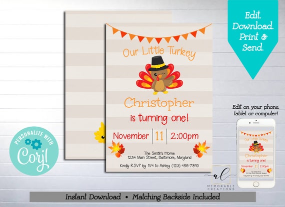 Little Turkey Birthday Party Printable Invitation Edit | Etsy