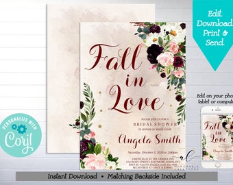 May include: Fall in Love bridal shower invitation with a watercolor background and floral design in shades of burgundy, pink, and white. The text "Fall in Love" is in a burgundy script font. The invitation includes the bride-to-be's name, the date, time, and location of the shower. The invitation also includes a matching backside.