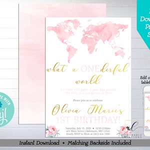 What a Onederful World Birthday Printable Invitation, Edit Yourself Watercolor Map Birthday Invite, Instant Download Girl First Birthday