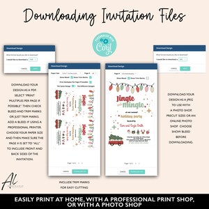 May include: Printable invitation design for a "Jingle and Mingle" holiday party. The design features a red truck with a Christmas tree and string lights. The text "Jingle and Mingle" is in a festive font with a red and green color scheme.