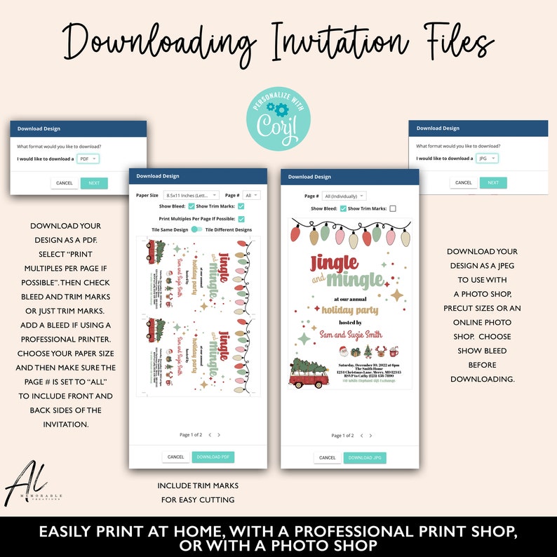 May include: Printable invitation design for a "Jingle and Mingle" holiday party. The design features a red truck with a Christmas tree and string lights. The text "Jingle and Mingle" is in a festive font with a red and green color scheme.