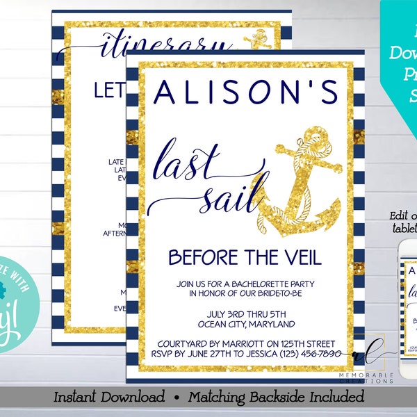 Nautical Bachelorette Party Printable Invitation, Edit Yourself Last Sail Before The Veil Invitation, Beach Bachelorette Weekend Itinerary