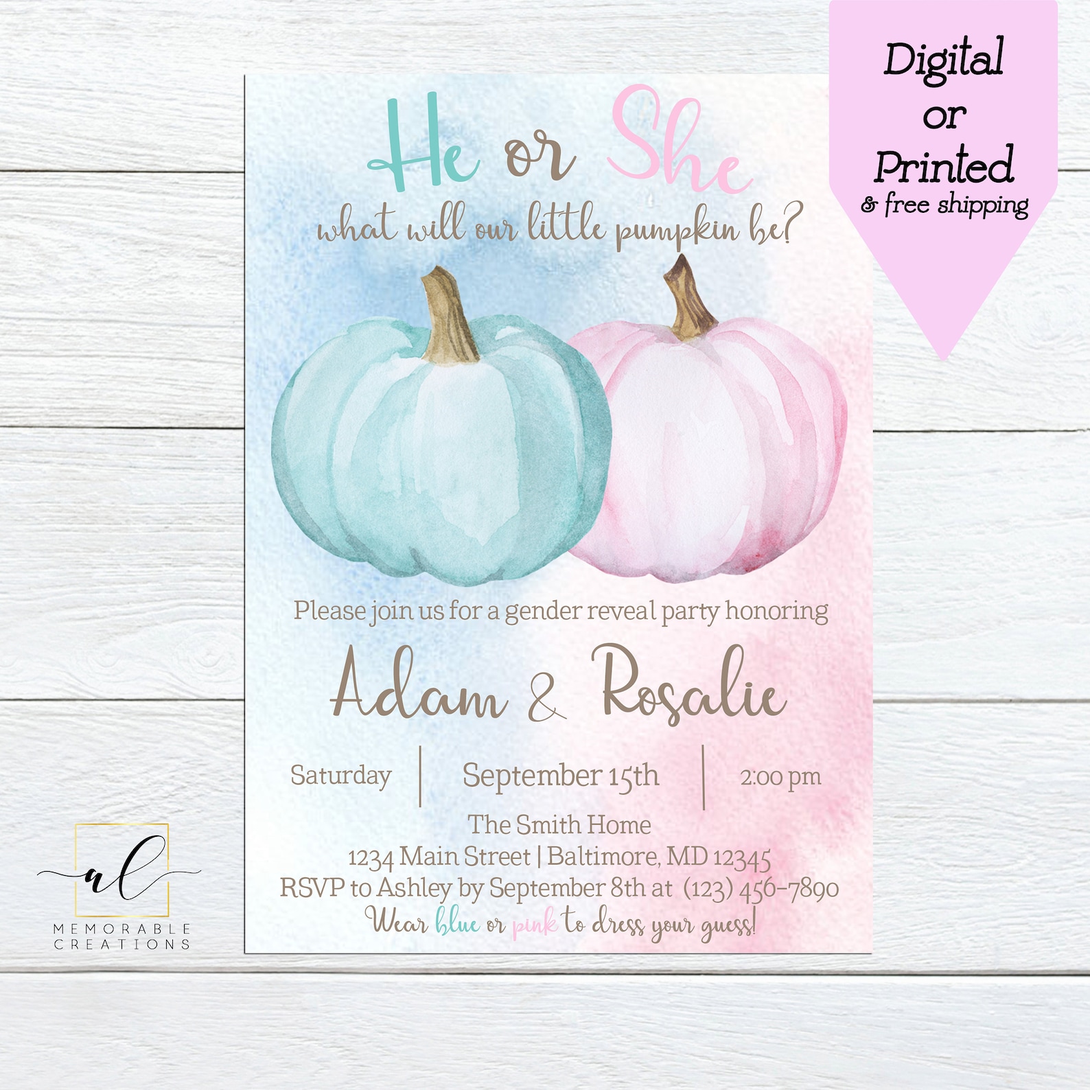 Pumpkin Gender Reveal Invitation Blue or Pink Gender Reveal Etsy