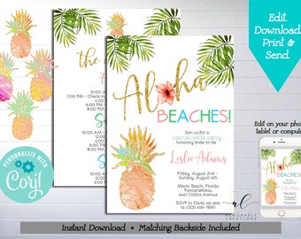 Aloha Beaches Bachelorette Printable Invitation, Edit Yourself Pineapple Bachelorette Party Invite, Tropical Bachelorette Weekend Itinerary