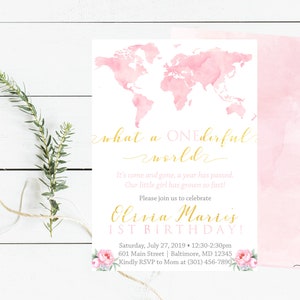 What a Onederful World Birthday Invitation, Onederful Girl Birthday Invite, Girl First Birthday, Watercolor Pink Map Invite, World Map