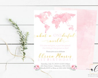 What a Onederful World Birthday Invitation, Onederful Girl Birthday Invite, Girl First Birthday, Watercolor Pink Map Invite, World Map