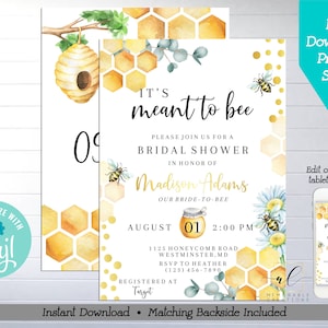 Honey Bee Bridal Shower Printable Invitation, Edit Yourself Bee Invitation, It&#39;s Meant to Bee Invite, Bride to Bee, Instant Download