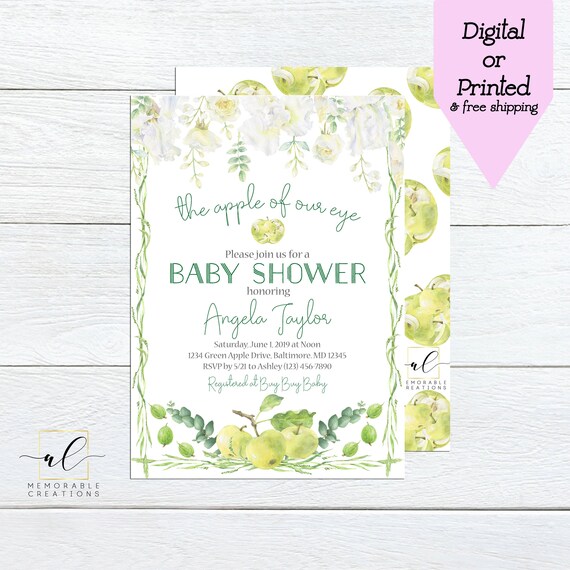 Green Apple Baby Shower Invitation, Apple of Our Eye Baby Shower Invitation, Floral Apple Shower Invite, Watercolor Apple Invitation