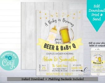 A Baby is Brewing Baby Shower Printable Invitation, Edit Yourself Beer and Baby Q Invite, CoEd Gender Neutral Baby Shower, Instant Download