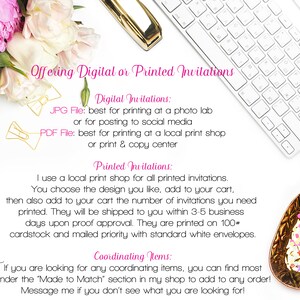 May include: A white keyboard and a gold pineapple dish with colorful confetti on a white background. Text on the image reads: "Offering Digital or Printed Invitations. Digital Invitations: JPG File: best for printing at a photo lab or for posting to social media. PDF File: best for printing at a local print shop or print & copy center. Printed Invitations: I use a local print shop for all printed invitations. You choose the design you like, add to your cart, then also add to your cart the number of invitations you need printed. They will be shipped to you within 3-5 business days upon proof approval. They are printed on 100 cardstock and mailed priority with standard white envelopes. Coordinating Items: If you are looking for any coordinating items, you can find most under the 'Made to Match' section in my shop to add to any order! Message me if you don't see what you are looking for!"