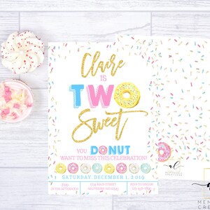 Two Sweet Donut Invitation, Donut Birthday Invitation, Sprinkle Donut Invitation, Two Sweet Party, Donut Grow Up, Breakfast Birthday
