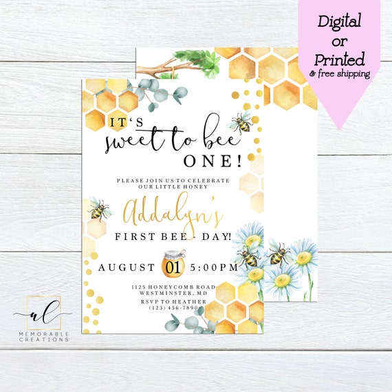 Honey Bee Birthday Invitation, First Bee Day Birthday Invite, It's Sweet to Bee One, Bumble Bee, Honeycomb, 1st Birthday, Watercolor Bee