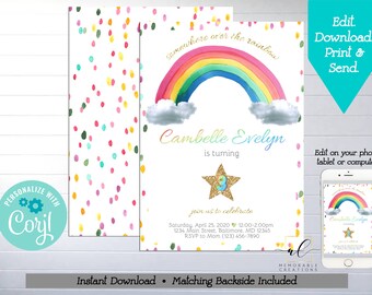 Watercolor Rainbow Birthday Printable Invitation, Edit Yourself Rainbow Birthday Invite, Instant Download Rainbow Invitation Template