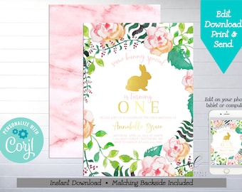 Bunny Birthday Printable Invitation, Edit Yourself Some Bunny Birthday Invitation, Watercolor Floral Bunny Birthday Template, Gold Bunny