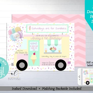 Ice Cream Truck Birthday Printable Invitation, Edit Yourself Ice Cream Birthday Invitation, Instant Download Girl Ice Cream Party Template